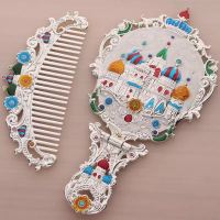 俄罗斯手柄小镜子带梳子套装复古随身便携化妆镜可折叠台式公主镜|城堡套装银色