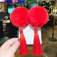 春节新年儿童发饰发夹女童演出汉服流苏发卡毛球宝宝边夹头饰盒装 大红色珍珠毛球【两个一对】
