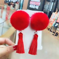 儿童新年发饰品发夹女童演出汉服流苏发卡毛球宝宝中国风边夹头饰 红色毛球流苏对夹(一对价)