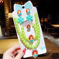 女童公主可爱儿童项链手链套装KT猫戒指耳环耳夹冰雪发饰艾莎饰品 4#红发公主花朵5件套