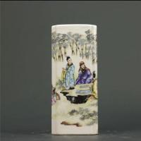 大清光绪年制粉彩人物童子图四方笔筒 古董古玩收藏 仿古瓷器摆件 竹林七贤