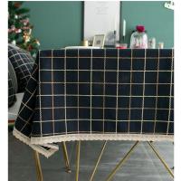 简约现代桌布布艺棉麻格子茶几盖巾布欧式西餐咖啡台布餐桌长方形 藏蓝色格子加花边 60*60cm(可当盖巾用)