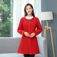新款罩衣成人女秋季冬天羽绒服中长款拉链长袖厨房围裙加绒工作服 剪毛绒(大红色不加绒) 4XL(155斤以内)
