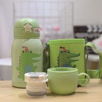 316不锈钢儿童保温杯韩版可爱带吸管幼儿园水壶防摔小学生水杯子 绿色鳄鱼萌趣儿童保温杯350ml双盖