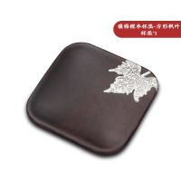 黑檀木茶垫杯垫实木功夫茶杯托茶托枫叶荷花隔热垫镶锡茶道配件 镶锡黑檀木杯垫-方型枫叶