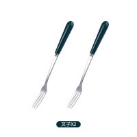 陶瓷手柄轻奢祖母绿水果叉咖啡勺创意不锈钢月饼叉甜品叉勺家用叉 祖母绿银色叉子2支装