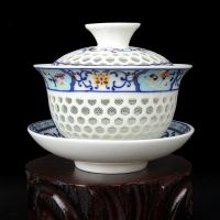 冰晶蜂巢玲珑陶瓷茶具整套镂空青花金线功夫茶具盖碗茶杯套装 青花盖碗