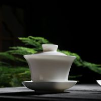 陶瓷三才盖碗描金边玻璃大号茶碗珐琅彩手绘浮雕泡茶碗白瓷敬茶碗 白瓷盖碗