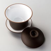 聚森泡茶碗 宜兴紫砂茶具 功夫茶具 单品紫砂盖碗三才碗 茶道配件 黑色内白紫砂盖碗