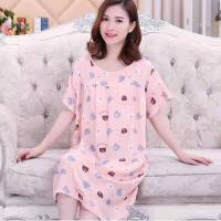 夏季睡衣女绵绸短袖长裤两件套装棉绸韩版薄款学生宽松家居服大码 棉绸裙-粉底猪猪熊 M (80-100斤)