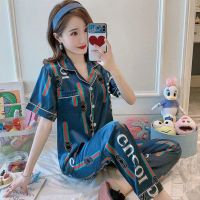 冰丝睡衣女夏季短袖开衫薄款仿真丝女士睡衣韩版宽松性感家居服 字母酷奇dxck短长 M(80-100斤)