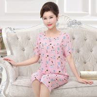 睡衣套装女棉绸女士夏季短袖睡衣女士大码宽松妈妈装人造棉家居服 粉口红 XL 建议80-100斤