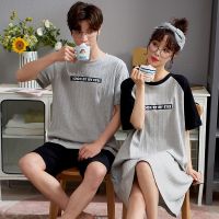 韩版情侣睡衣短袖男女士睡裙可爱薄款女夏季春秋季棉质家居服套装 V6147 女款M [单套]