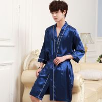 睡衣男夏季睡袍丝绸宽松夏天男士薄款宽松大码家居服冰丝浴袍单袍 藏青色-睡袍 L