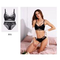 胸显小文胸套装性感蕾丝超薄款无海绵透明胸罩大码女士内衣 黑色套装 32B/70B