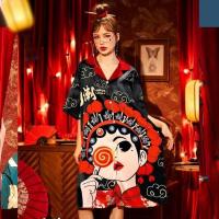 新款冰丝睡衣女夏季仿真丝绸短袖国潮京剧睡裙长款复古宽松家居服 754# M 80-105斤