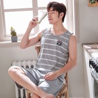 睡衣男夏季无袖背心棉质薄款青中年男士短袖加大码简约家居服套装 5105[上衣+裤子][特价款] 男士4XL(建议195-