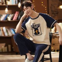 新款2021春夏初中学生睡衣男青少年12-18岁卡通短袖长裤夏季棉质 短袖长裤男2153闪电皮卡丘 标准版L码(100-