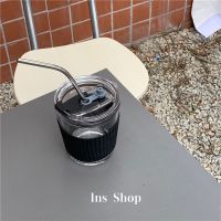 ins咖啡杯子便携带盖办公室大容量玻璃水杯简约日系韩风吸管杯 黑色款-350ml 杯+盖子
