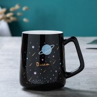 简约马克杯带盖勺男女陶瓷杯子韩版大容量咖啡杯学生情侣喝水杯 黑杯水星 新骨瓷白杯无图案