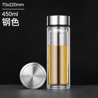 测温双层玻璃杯带把手柄办公室泡茶杯家用隔热大容量男女喝水杯子 450ML钢本色(直杯)