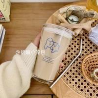 韩国ins风可爱小苹果带盖吸管杯玻璃杯耐热学生咖啡杯水杯大容量 泰迪狗玻璃杯 单杯