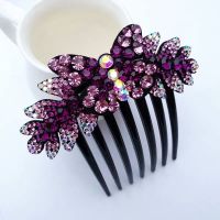 日韩水钻蝴蝶水钻发夹饰品七齿发梳韩版盘发插梳发饰发簪发卡头饰 深紫浅紫