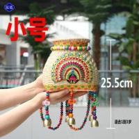 民族风儿童背篓绣花铃铛手工编织摄影舞蹈道具双肩彩色小背篓 咖啡色小号按图发货 均码