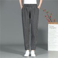 棉麻裤子女2021新款夏季薄款休闲裤中老年妈妈九分哈伦裤亚麻女裤 1号色 小格 XL 建议85-115斤