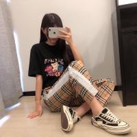 2021bbr夏格子裤宽松潮牌高腰经典学生阔腿裤松紧抽绳长裤显瘦女 (白色边)驼色长裤 S