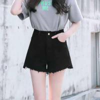松紧腰高腰牛仔短裤女夏学生韩版宽松黑色百搭阔腿显瘦热裤超短裤 (单件)松紧腰黑色 S 适合(80-91斤)