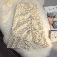 雪纺碎花鱼尾包臀裙女2021夏季荷叶边A字半身裙松紧腰抽绳小短裙 黄花短裙 有内衬 S 70-95斤