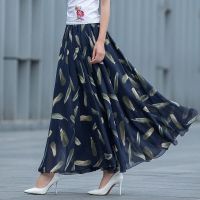 雪纺半身裙女春夏季中长款韩版高腰裙子女士松紧腰印花大摆仙女裙 1号花色 藏青底羽毛长款80厘米带腰带 均码M(80-13