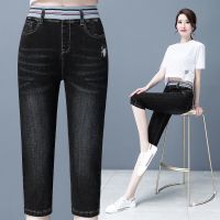 2021夏季新款松紧带七分裤牛仔裤女高腰弹力修身显瘦刺绣韩版短裤 2021-05款七分裤黑色 S 27二尺90-100斤