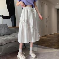 日系学院系带蝴蝶结半身裙2021新款女生高腰显瘦中长款百搭A字裙 白色 有内衬 均码 松紧腰