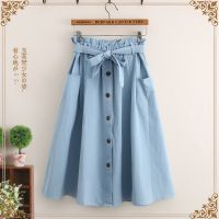 2021夏装新款单排扣半身裙夏季宽松高腰中长裙森女系新款少女裙子 天蓝色口袋款 S 建议95斤以下