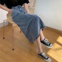 松紧高腰牛仔中长半身裙显瘦宽松后开叉百搭大码A字裙复古包臀裙 8821蓝色[后松紧腰] S