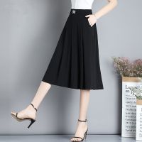 半身裙女夏季新款高腰中长款黑色A字裙大码显瘦松紧腰百褶裙中裙 黑色 27是M码建议90-105斤
