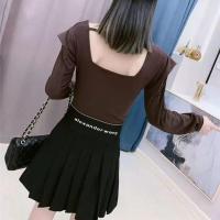 字母松紧腰百褶裙冬新加厚防走光半身裙女松紧带腰母弹力A字短裙 黑色 M