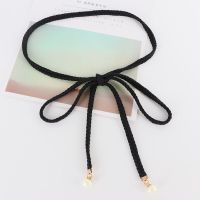 时尚布腰带连衣裙收腰绑带细长条丝带花朵珍珠腰链装饰毛衣裙子 编织小珠腰带-黑色