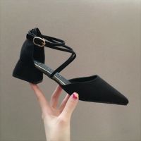 凉鞋女夏2021新款韩版尖头百搭交叉绑带鞋子女学生粗跟高跟鞋女 黑色 35