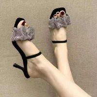 凉鞋女细跟2021夏新款时尚外穿水钻方头两穿一字带高跟鞋女仙女风 黑色 跟高6厘米 标准尺码 35