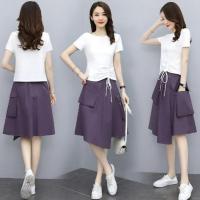 套装裙女夏休闲时尚洋气减龄显瘦气质棉麻连衣裙小个子两件套裙子 白+紫 M