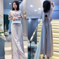 雪纺两件套2021夏新款名媛女时尚气质绑带上衣高腰阔腿长裤套装潮 米白色 L 体重[90-110]