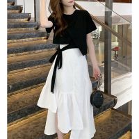 2021夏季新款套装女轻熟风小个子套裙日韩版绑绳T恤+不规则半身裙 图色套装 S 80-90斤