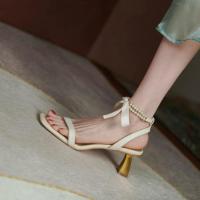 原创绑带凉鞋女细跟法式高跟鞋小众设计感chic夏季一字2021年新款 米白色 标准码