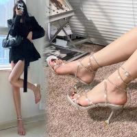 夏季新款水钻交叉绑带凉鞋女一字扣露趾细跟高跟鞋闪闪水晶仙女风 银色 标准码