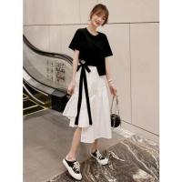 2021夏季新款洋气小香风时尚休闲闺蜜系带t恤不规则半身裙2件套女 黑色T恤+白色半身裙 S