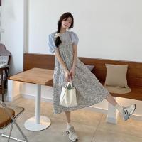 法式碎花吊带连衣裙子2021夏季新款女装气质显瘦A字长裙两件套装 蓝色上衣 S