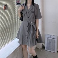 西装领气质收腰显瘦短袖连衣裙夏季新款女学生韩版时尚百褶a字裙 灰色 [收藏关注店铺优先发货] 2XL [135-150]